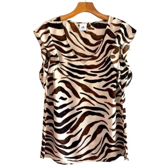 CAbi Zebra Print Ruffle Flutter Sleeve Blouse Style #3771 Brown Cream NW… - Picture 2 of 8